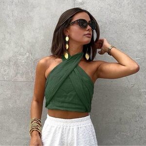 Commense Cotton & Linen Crisscross Halter Tank Top